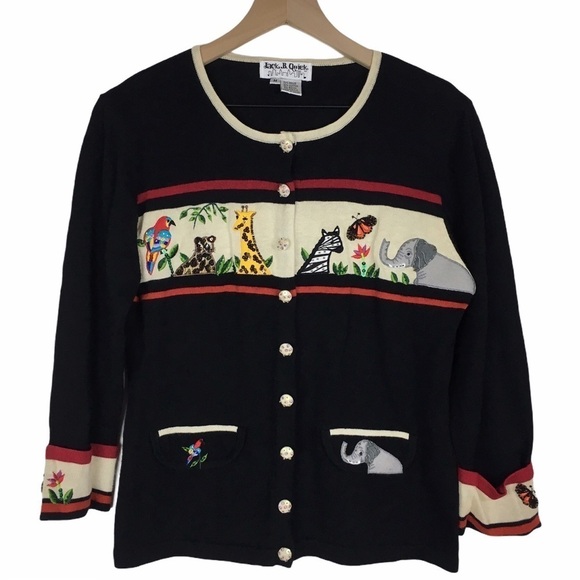 VINTAGE Cardigan Sweater Jack B Quick Animals Beaded Jungle Theme Size Medium - Picture 1 of 15